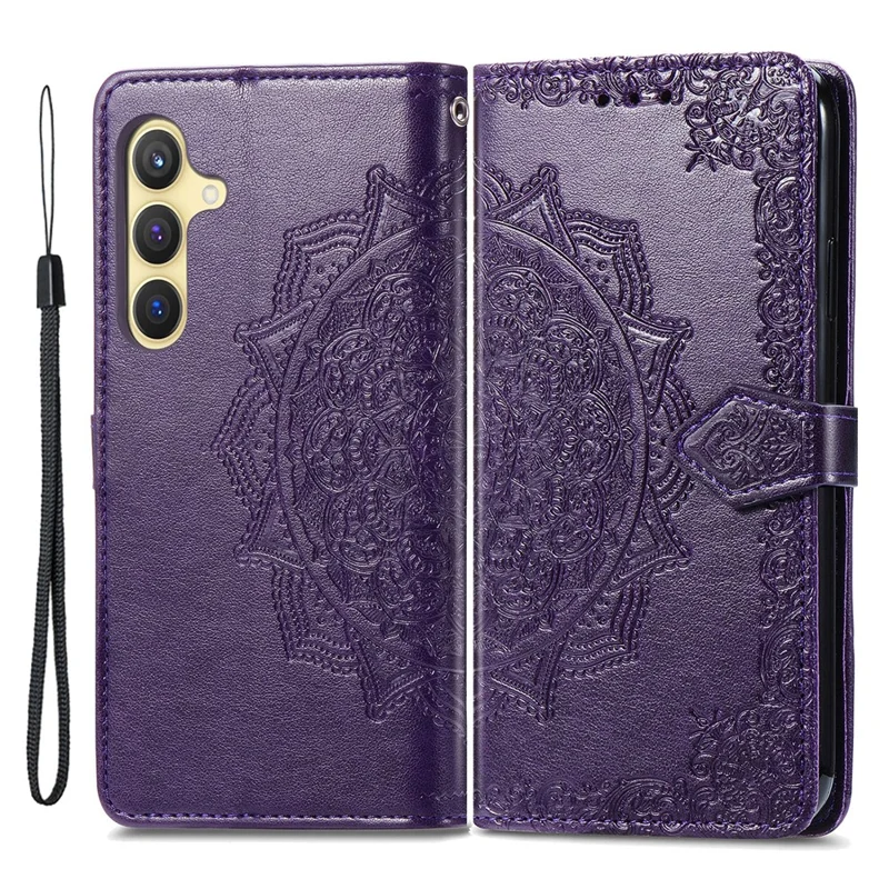 For Samsung Galaxy S24 Phone Case PU Leather Embossed Mandala Wallet Cover - Purple