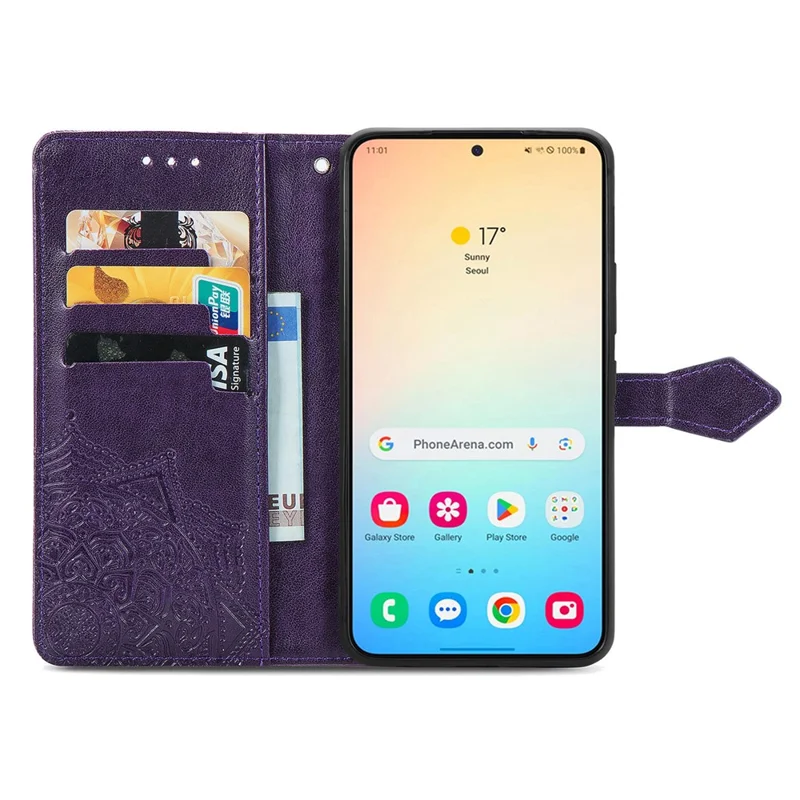 For Samsung Galaxy S24 Phone Case PU Leather Embossed Mandala Wallet Cover - Purple