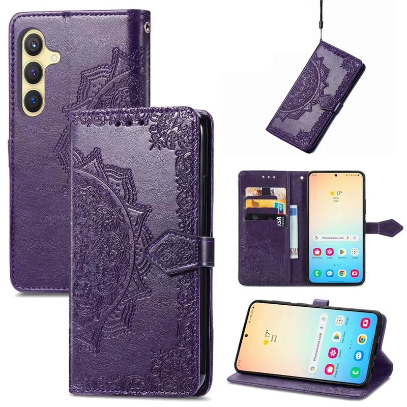 For Samsung Galaxy S24 Phone Case PU Leather Embossed Mandala Wallet Cover - Purple