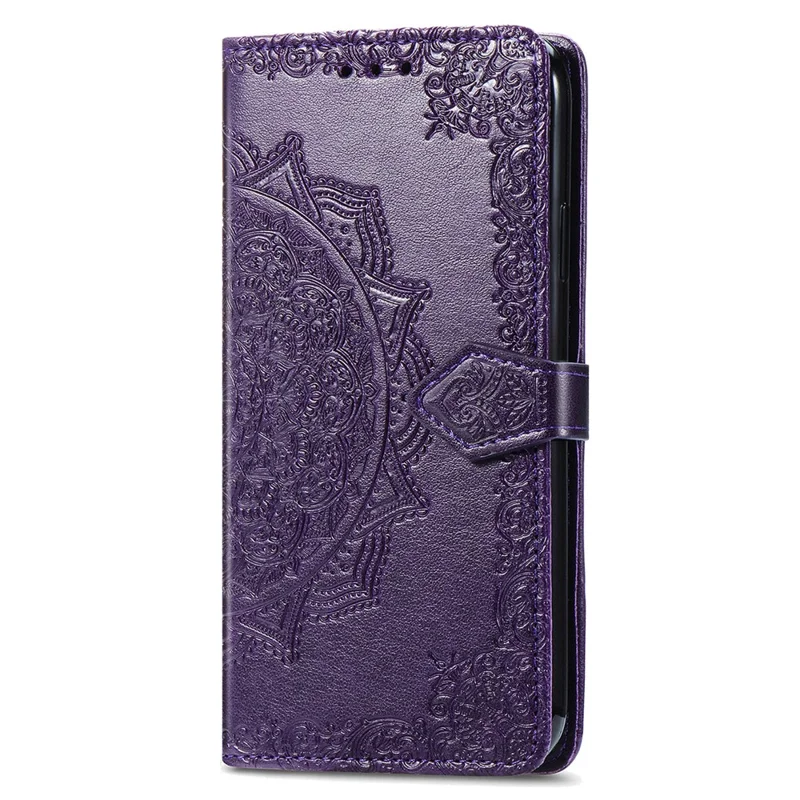For Samsung Galaxy S24 Phone Case PU Leather Embossed Mandala Wallet Cover - Purple