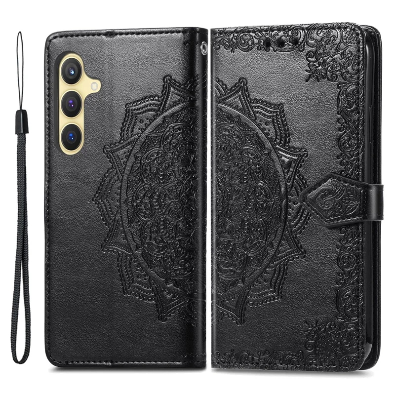 For Samsung Galaxy S24 Phone Case PU Leather Embossed Mandala Wallet Cover - Black