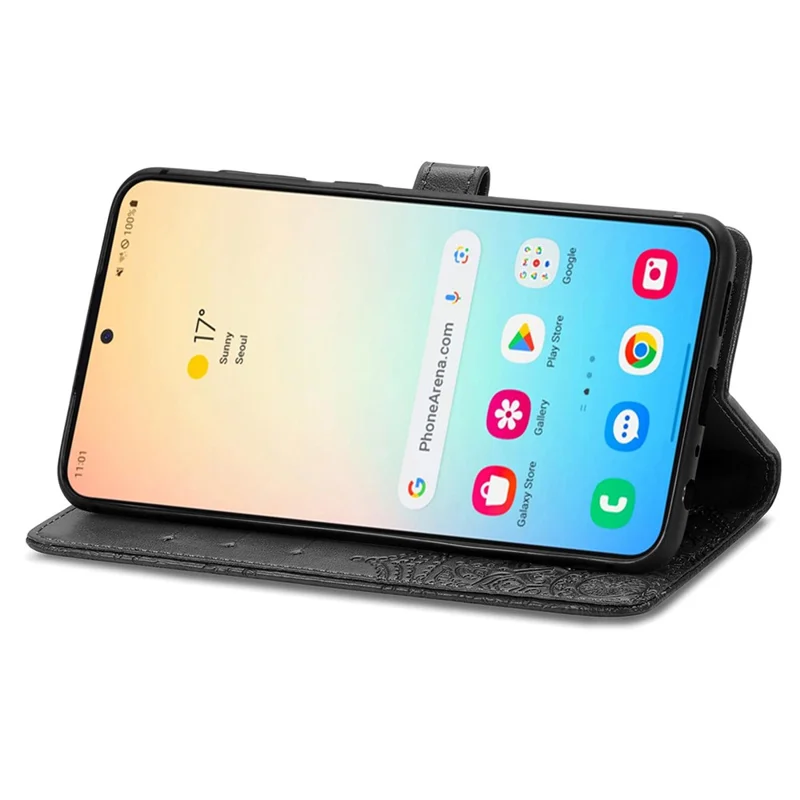 For Samsung Galaxy S24 Phone Case PU Leather Embossed Mandala Wallet Cover - Black