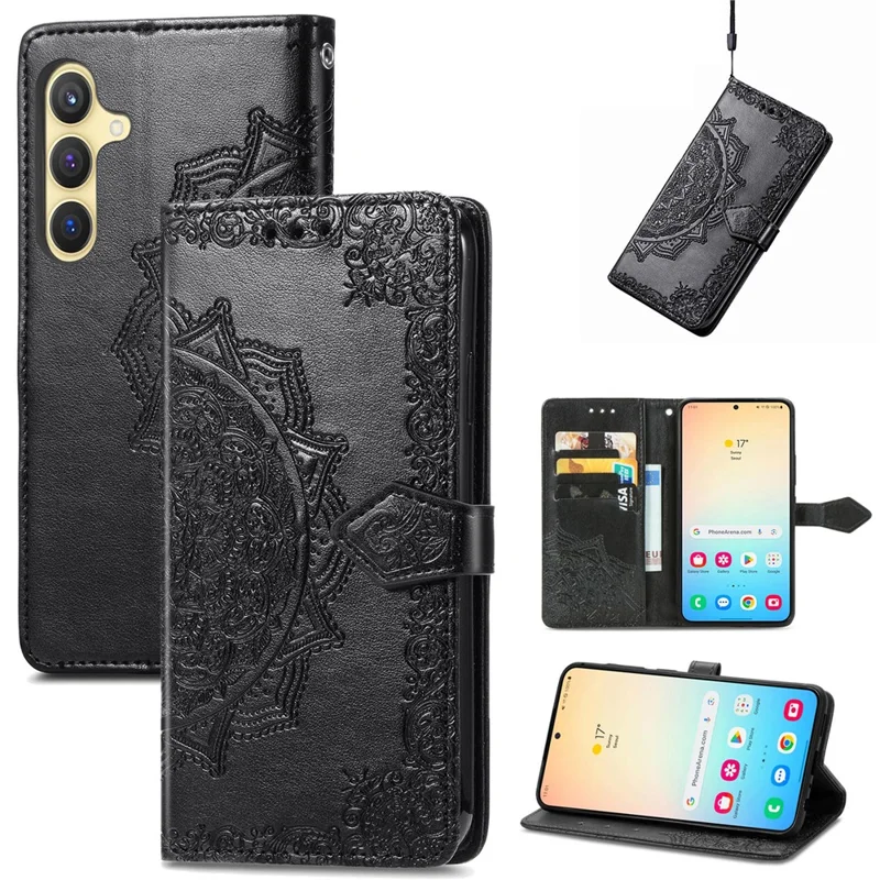 For Samsung Galaxy S24 Phone Case PU Leather Embossed Mandala Wallet Cover - Black