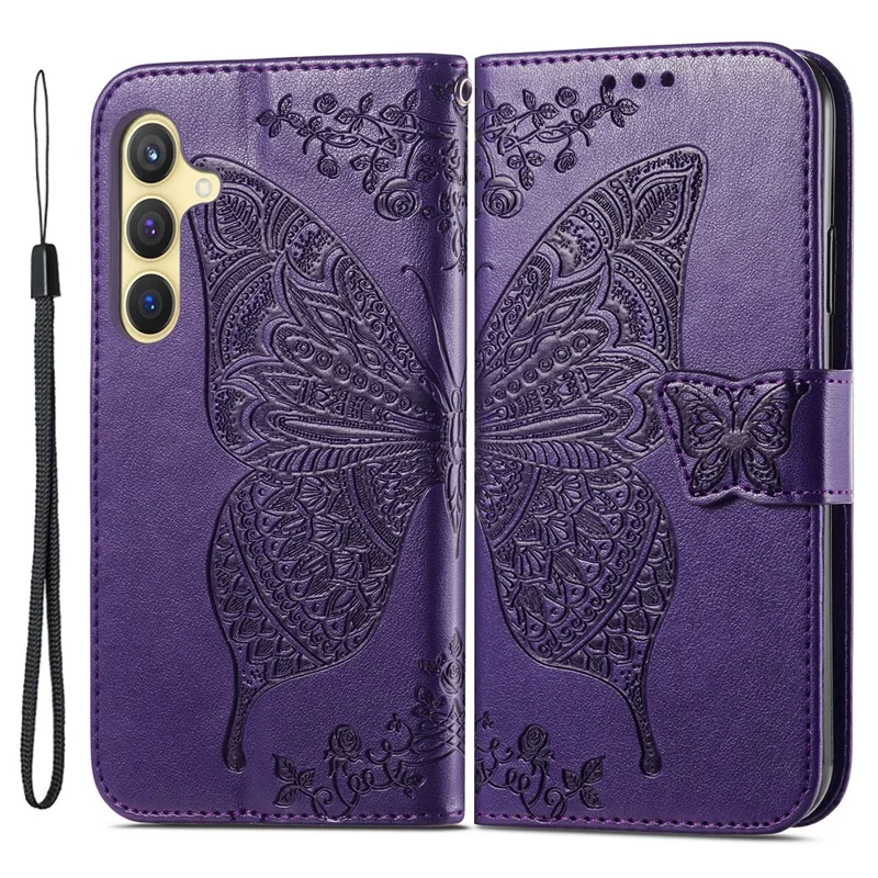 For Samsung Galaxy S24 Case Butterfly Pattern Leather Wallet Cover - Dark Purple