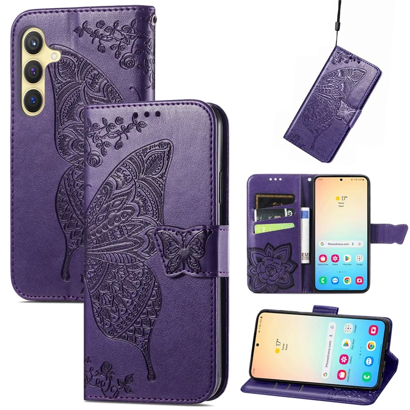 For Samsung Galaxy S24 Case Butterfly Pattern Leather Wallet Cover - Dark Purple