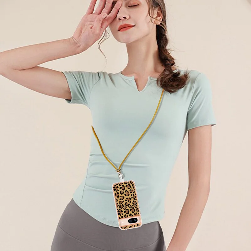 YB IMD Series-21 Style-D for Google Pixel 8a TPU Case Pattern Phone Cover with Lanyard - Leopard Print