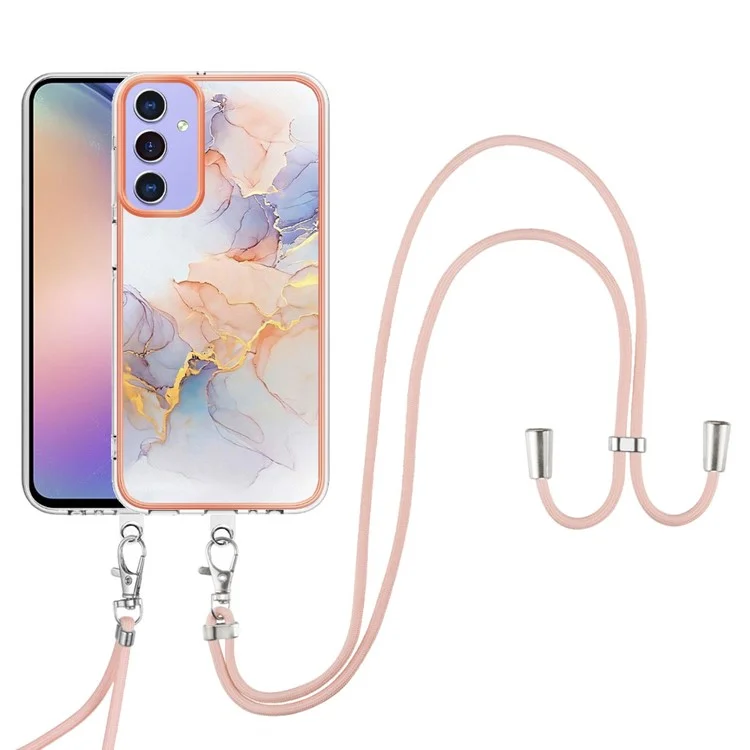 For Samsung Galaxy A15 5G Case with Lanyard IMD Marble Pattern Electroplated TPU Back Cover - Milky Way Marble White