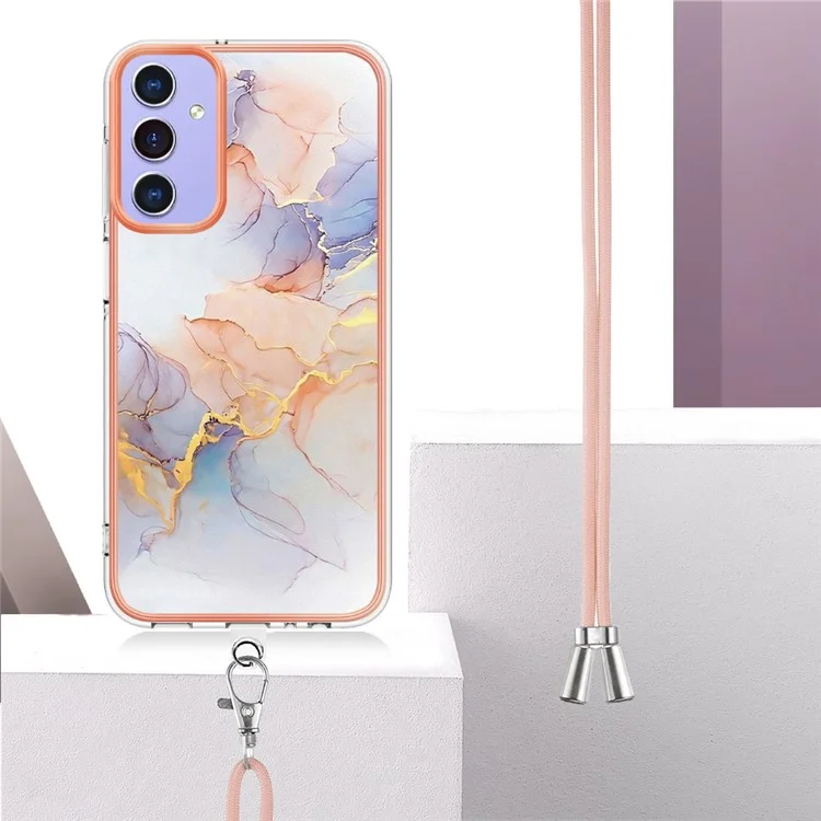 For Samsung Galaxy A15 5G Case with Lanyard IMD Marble Pattern Electroplated TPU Back Cover - Milky Way Marble White
