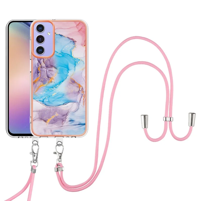 For Samsung Galaxy A15 5G Case with Lanyard IMD Marble Pattern Electroplated TPU Back Cover - Milky Way Marble Blue