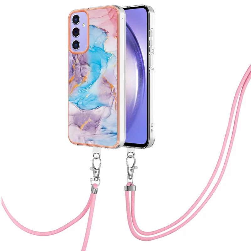 For Samsung Galaxy A15 5G Case with Lanyard IMD Marble Pattern Electroplated TPU Back Cover - Milky Way Marble Blue