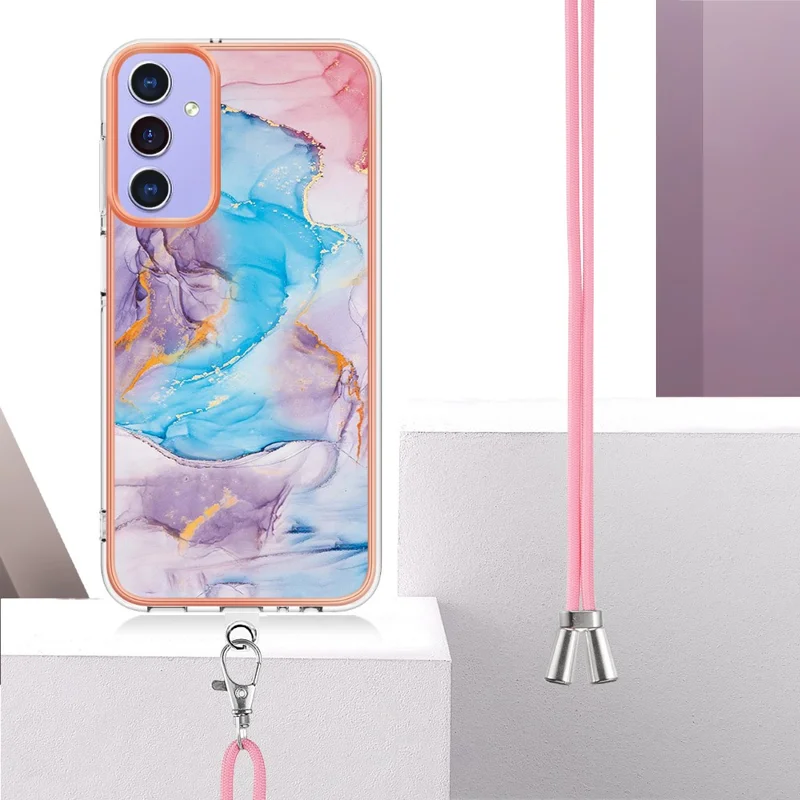 For Samsung Galaxy A15 5G Case with Lanyard IMD Marble Pattern Electroplated TPU Back Cover - Milky Way Marble Blue
