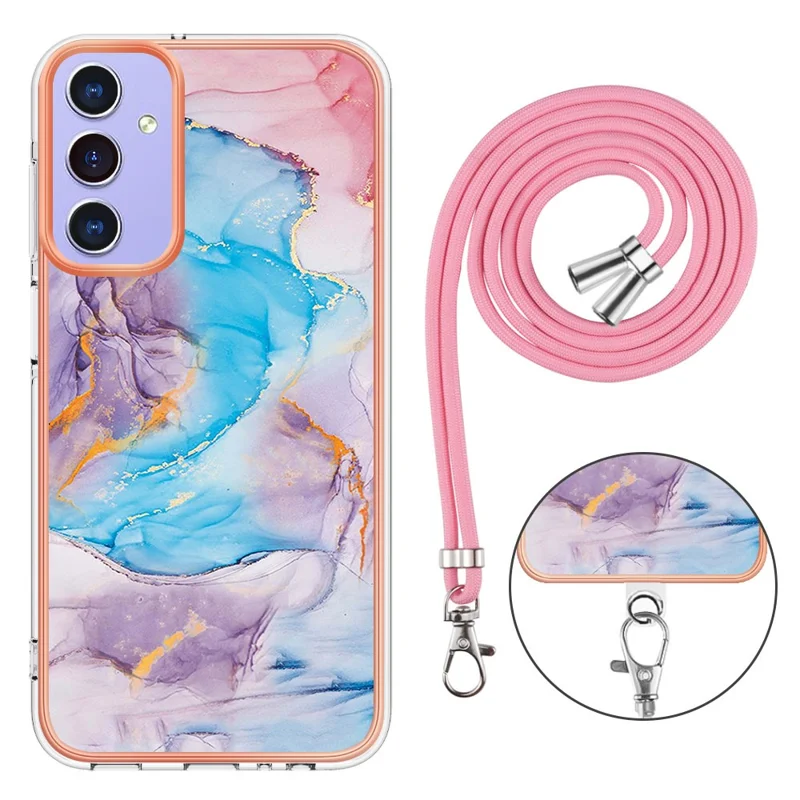 For Samsung Galaxy A15 5G Case with Lanyard IMD Marble Pattern Electroplated TPU Back Cover - Milky Way Marble Blue