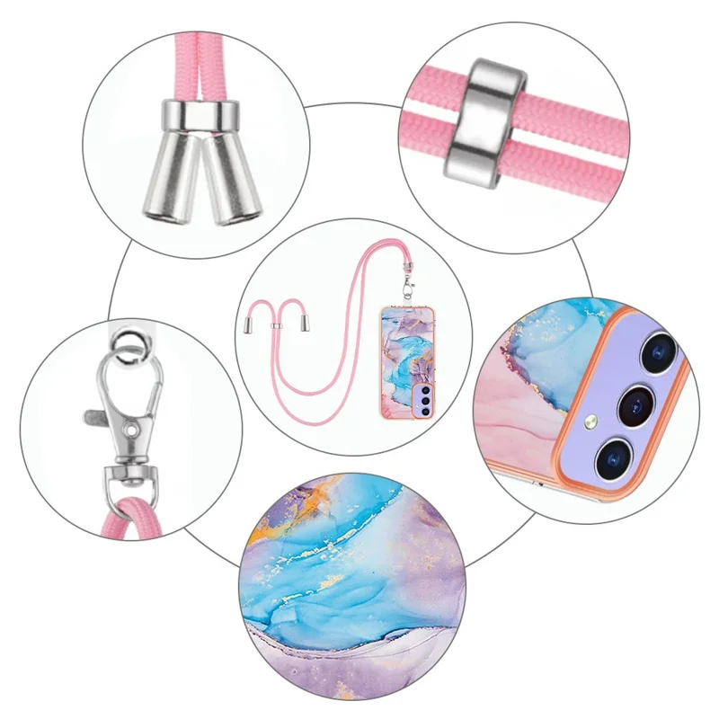 For Samsung Galaxy A15 5G Case with Lanyard IMD Marble Pattern Electroplated TPU Back Cover - Milky Way Marble Blue