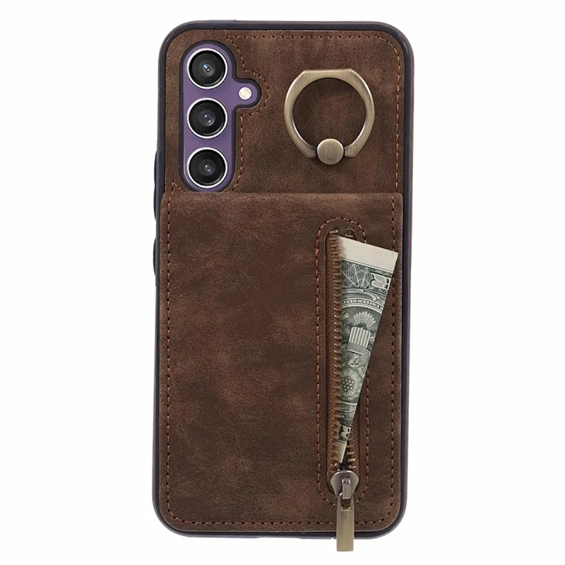 For Samsung Galaxy S24+ Magnetic Case Retro PU+TPU Kickstand Back Cover - Brown