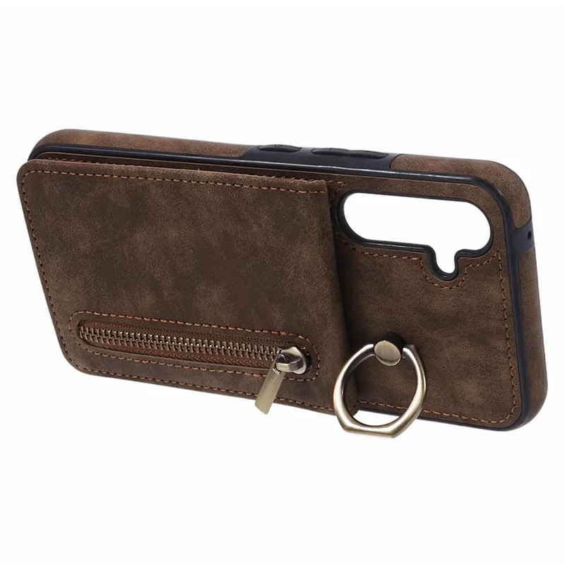 For Samsung Galaxy S24+ Magnetic Case Retro PU+TPU Kickstand Back Cover - Brown