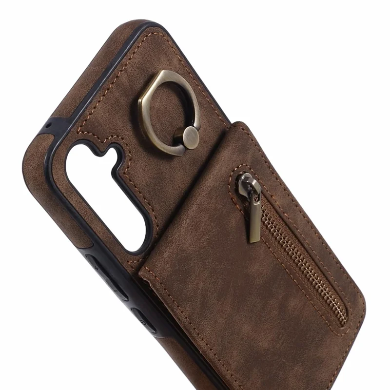 For Samsung Galaxy S24+ Magnetic Case Retro PU+TPU Kickstand Back Cover - Brown