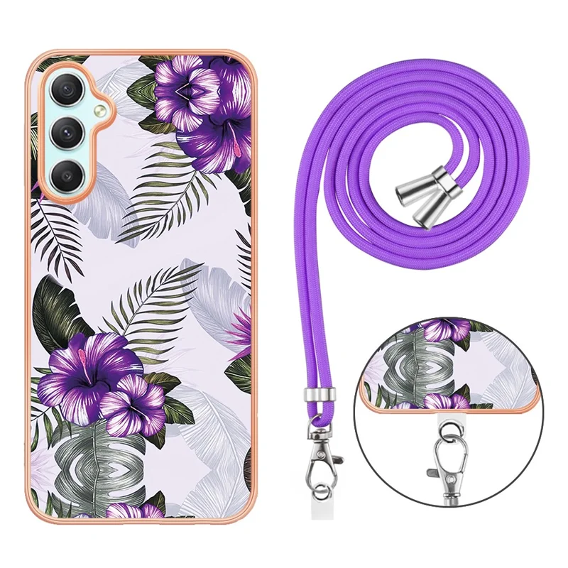 For Samsung Galaxy A25 5G (Global) (161.0 x 76.5 x 8.3mm) Case with Lanyard IMD Marble Pattern Electroplated TPU Back Cover - Purple Flowers