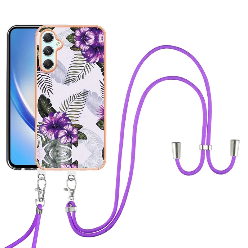 For Samsung Galaxy A25 5G (Global) (161.0 x 76.5 x 8.3mm) Case with Lanyard IMD Marble Pattern Electroplated TPU Back Cover - Purple Flowers