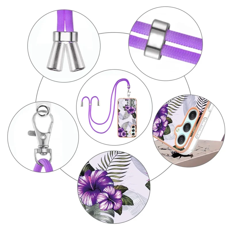 For Samsung Galaxy A25 5G (Global) (161.0 x 76.5 x 8.3mm) Case with Lanyard IMD Marble Pattern Electroplated TPU Back Cover - Purple Flowers