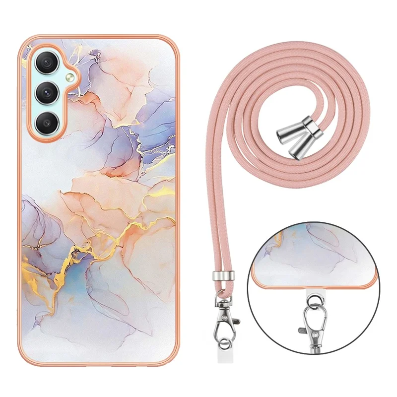 For Samsung Galaxy A25 5G (Global) (161.0 x 76.5 x 8.3mm) Case with Lanyard IMD Marble Pattern Electroplated TPU Back Cover -  Milky Way Marble White
