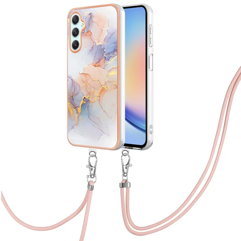 For Samsung Galaxy A25 5G (Global) (161.0 x 76.5 x 8.3mm) Case with Lanyard IMD Marble Pattern Electroplated TPU Back Cover -  Milky Way Marble White
