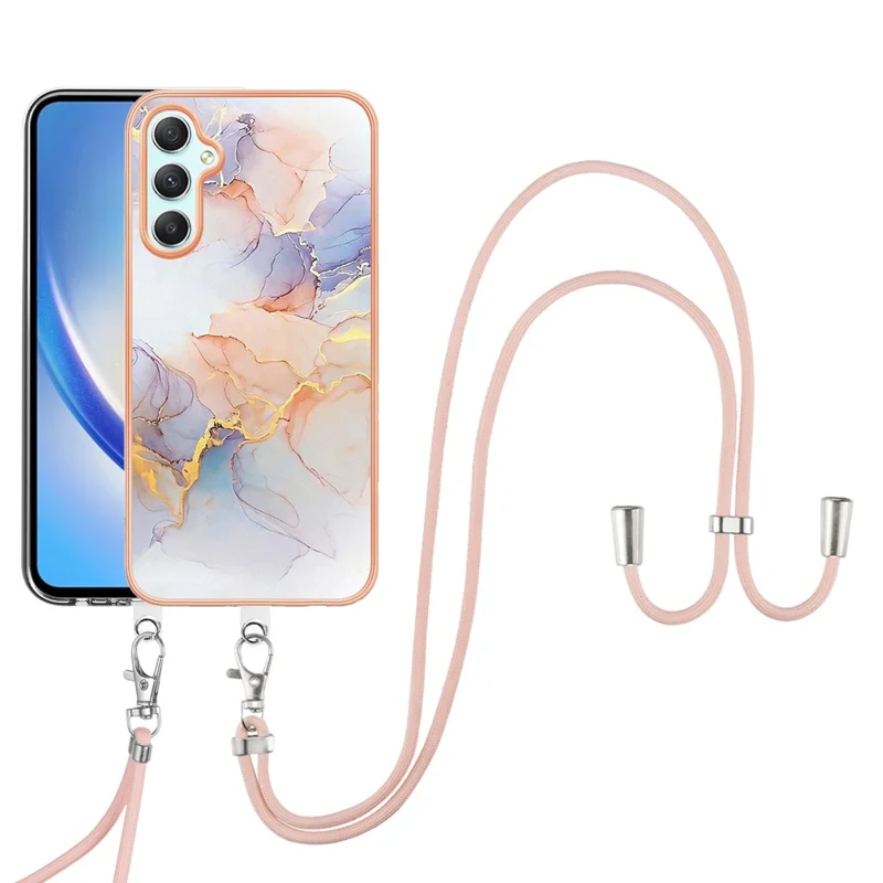 For Samsung Galaxy A25 5G (Global) (161.0 x 76.5 x 8.3mm) Case with Lanyard IMD Marble Pattern Electroplated TPU Back Cover -  Milky Way Marble White