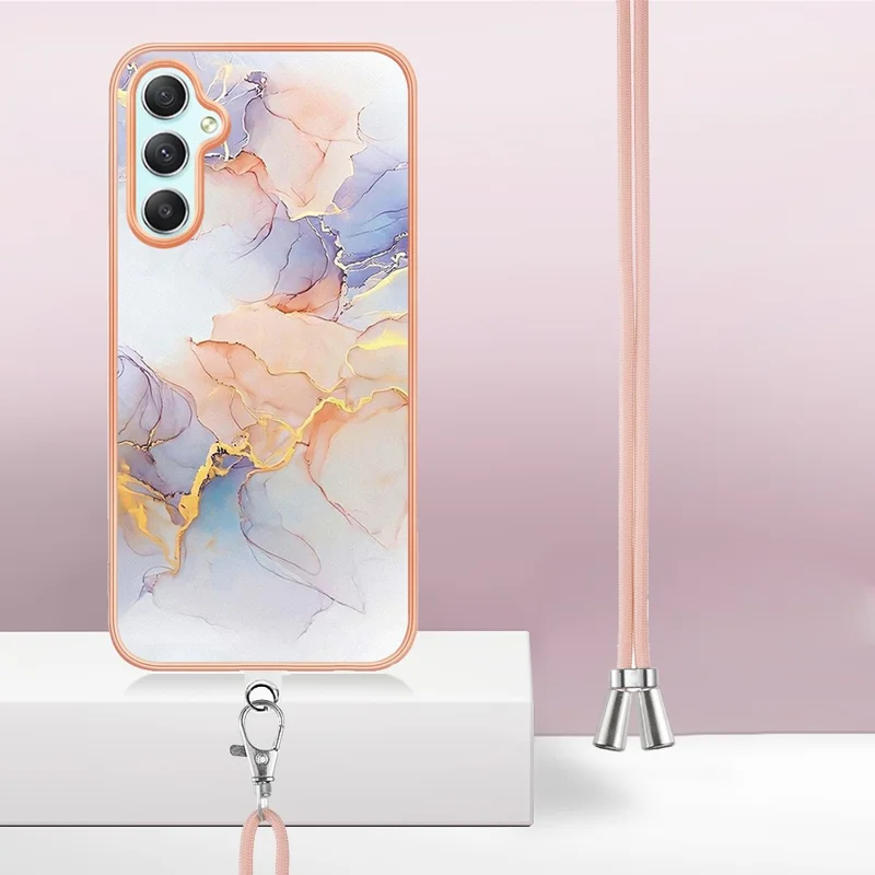 For Samsung Galaxy A25 5G (Global) (161.0 x 76.5 x 8.3mm) Case with Lanyard IMD Marble Pattern Electroplated TPU Back Cover -  Milky Way Marble White