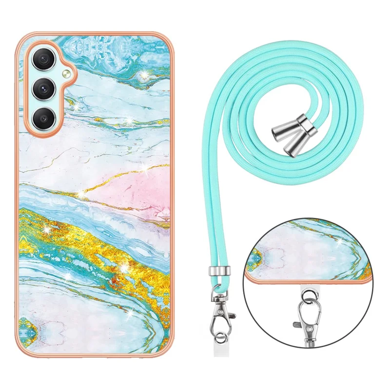 For Samsung Galaxy A25 5G (Global) (161.0 x 76.5 x 8.3mm) Case with Shoulder Strap IMD IML Flower Pattern TPU Back Cover - Green 004