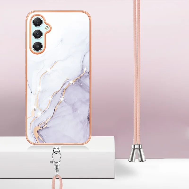 For Samsung Galaxy A25 5G (Global) (161.0 x 76.5 x 8.3mm) Case with Shoulder Strap IMD IML Flower Pattern TPU Back Cover - White 006