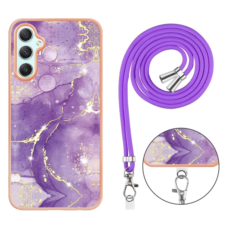 For Samsung Galaxy A25 5G (Global) (161.0 x 76.5 x 8.3mm) Case with Shoulder Strap IMD IML Flower Pattern TPU Back Cover - Purple 002