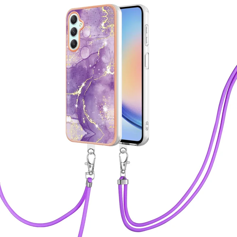 For Samsung Galaxy A25 5G (Global) (161.0 x 76.5 x 8.3mm) Case with Shoulder Strap IMD IML Flower Pattern TPU Back Cover - Purple 002
