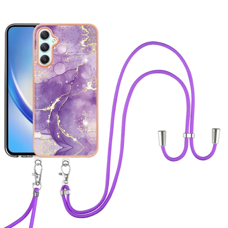 For Samsung Galaxy A25 5G (Global) (161.0 x 76.5 x 8.3mm) Case with Shoulder Strap IMD IML Flower Pattern TPU Back Cover - Purple 002