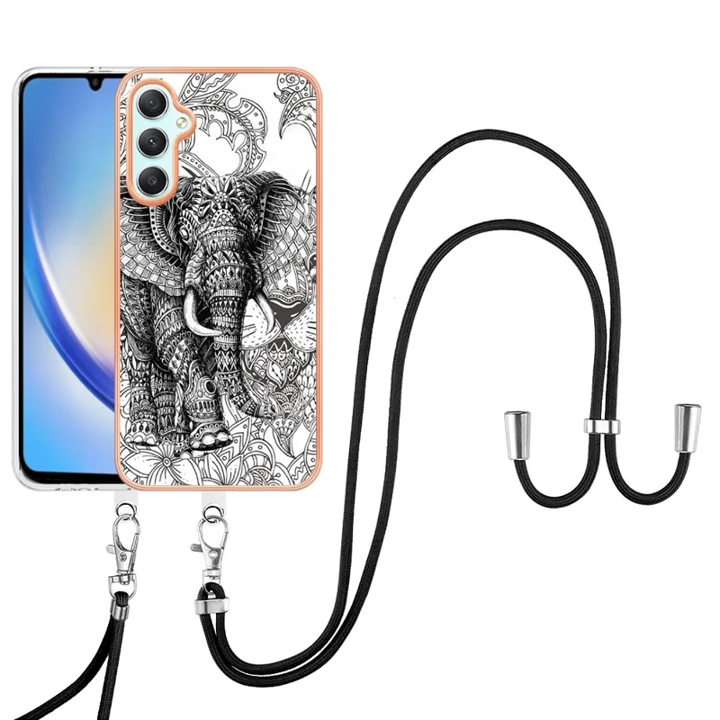 YB IMD Series-21 Style-D for Samsung Galaxy A25 5G (Global) (161.0 x 76.5 x 8.3mm) Phone Case Pattern Cover with Lanyard - Totem Elephant
