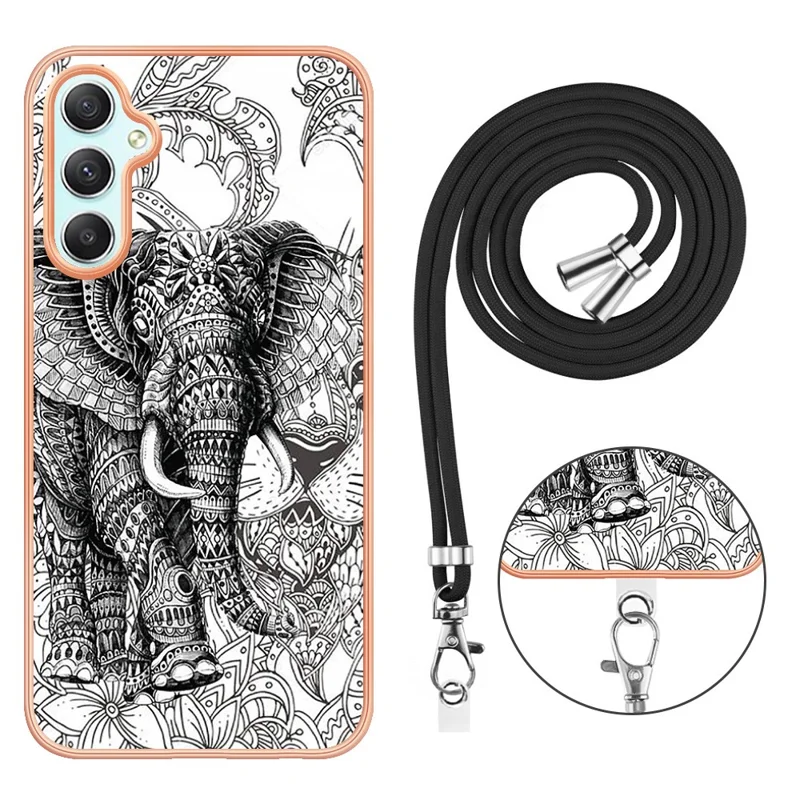 YB IMD Series-21 Style-D for Samsung Galaxy A25 5G (Global) (161.0 x 76.5 x 8.3mm) Phone Case Pattern Cover with Lanyard - Totem Elephant