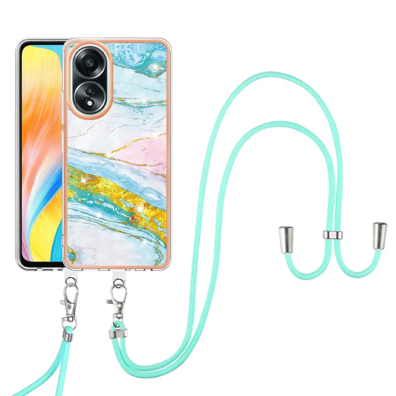 For Oppo A58 4G Case with Shoulder Strap IMD IML Flower Pattern TPU Back Cover - Green 004