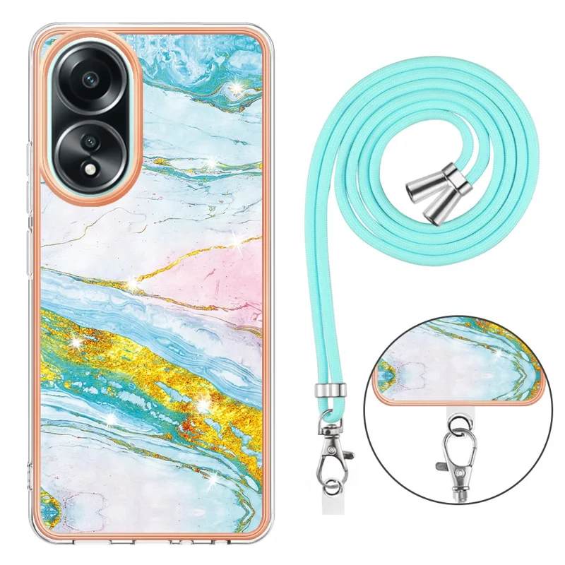 For Oppo A58 4G Case with Shoulder Strap IMD IML Flower Pattern TPU Back Cover - Green 004