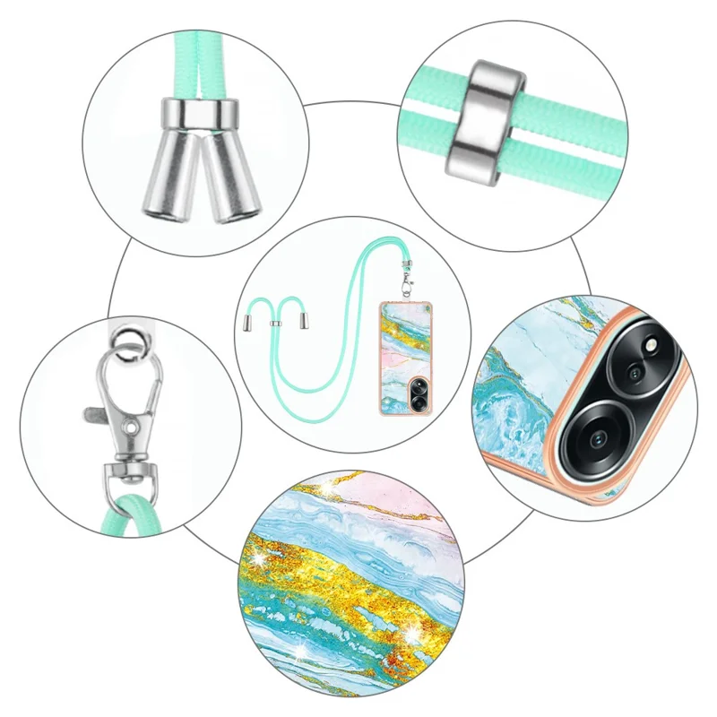 For Oppo A58 4G Case with Shoulder Strap IMD IML Flower Pattern TPU Back Cover - Green 004