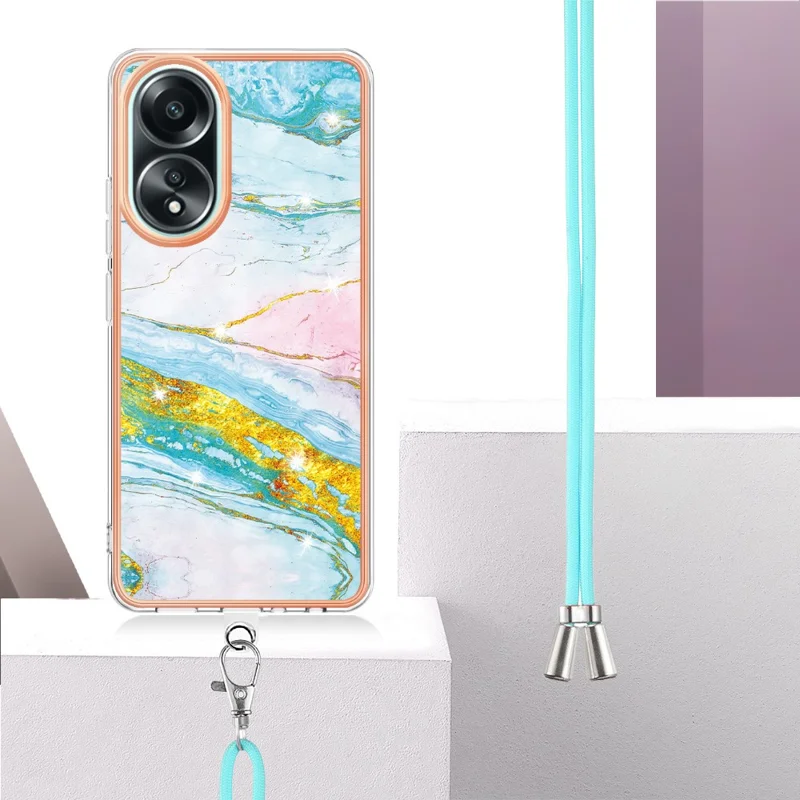 For Oppo A58 4G Case with Shoulder Strap IMD IML Flower Pattern TPU Back Cover - Green 004