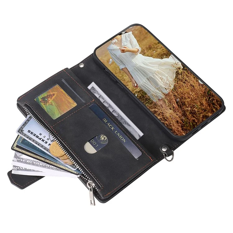 Für Samsung Galaxy A55 5G Wallet Case Rhombus PU Leder Flip Handy-Cover mit Riemen - Schwarz