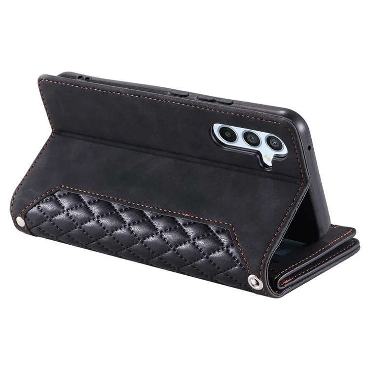 Für Samsung Galaxy A55 5G Wallet Case Rhombus PU Leder Flip Handy-Cover mit Riemen - Schwarz