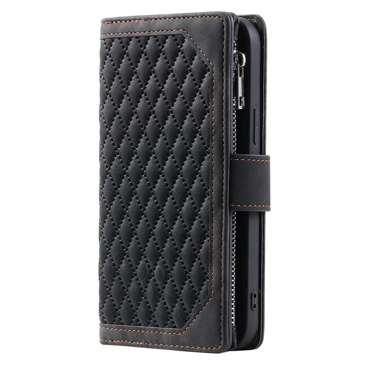 Für Samsung Galaxy A55 5G Wallet Case Rhombus PU Leder Flip Handy-Cover mit Riemen - Schwarz