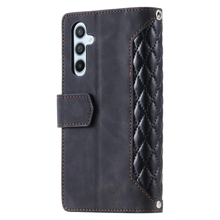 Für Samsung Galaxy A55 5G Wallet Case Rhombus PU Leder Flip Handy-Cover mit Riemen - Schwarz