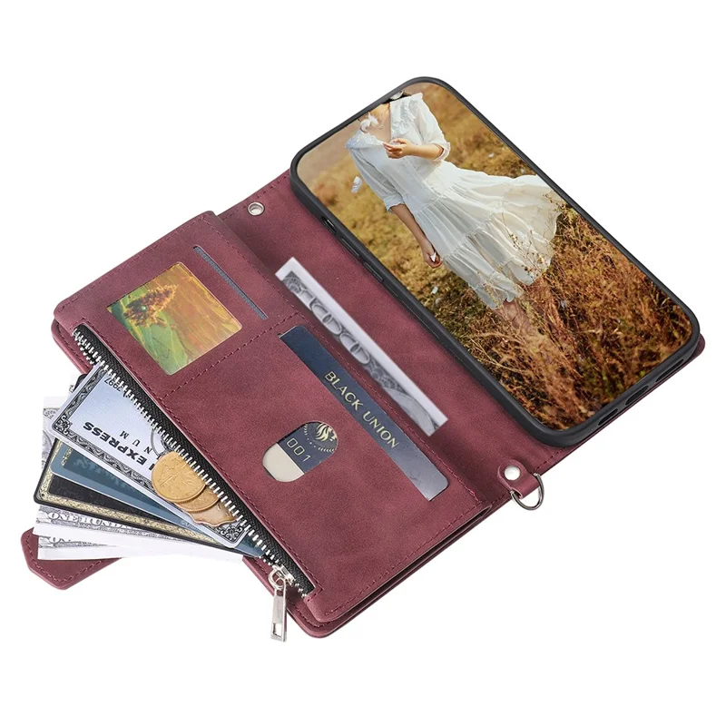 For Samsung Galaxy A55 5G Wallet Case Rhombus PU Leather Flip Phone Cover with Strap - Wine Red