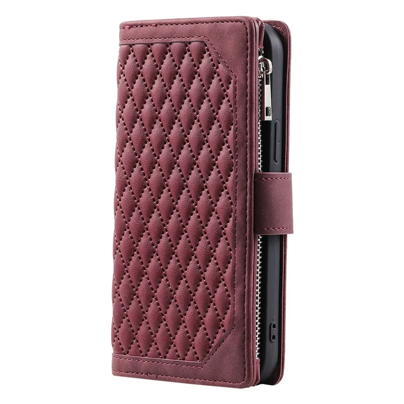 For Samsung Galaxy A55 5G Wallet Case Rhombus PU Leather Flip Phone Cover with Strap - Wine Red