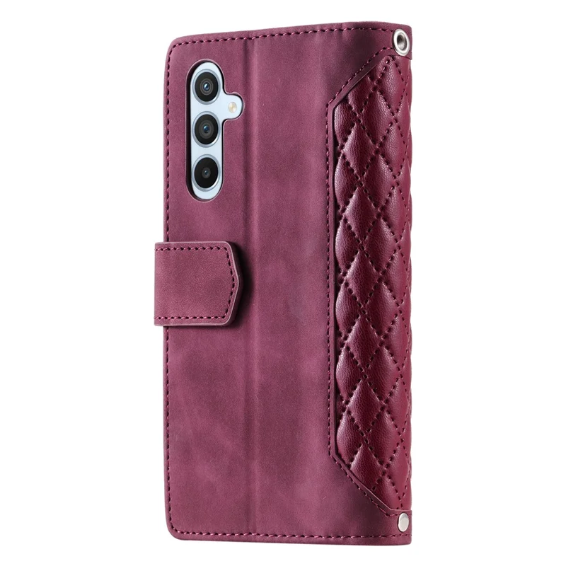 For Samsung Galaxy A55 5G Wallet Case Rhombus PU Leather Flip Phone Cover with Strap - Wine Red