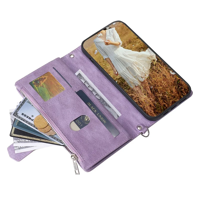 For Samsung Galaxy A55 5G Wallet Case Rhombus PU Leather Flip Phone Cover with Strap - Purple
