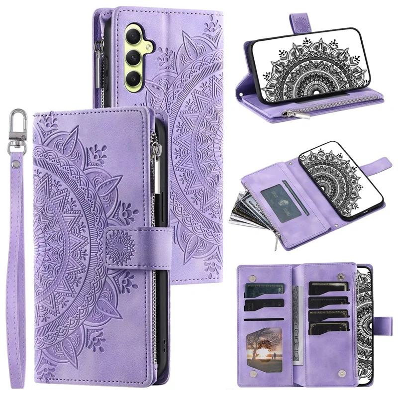 For Samsung Galaxy A55 5G Phone Case Mandala Pattern Leather Cover with Strap - Purple