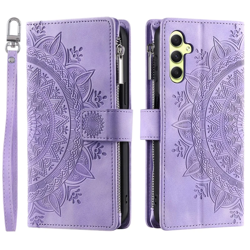 For Samsung Galaxy A55 5G Phone Case Mandala Pattern Leather Cover with Strap - Purple