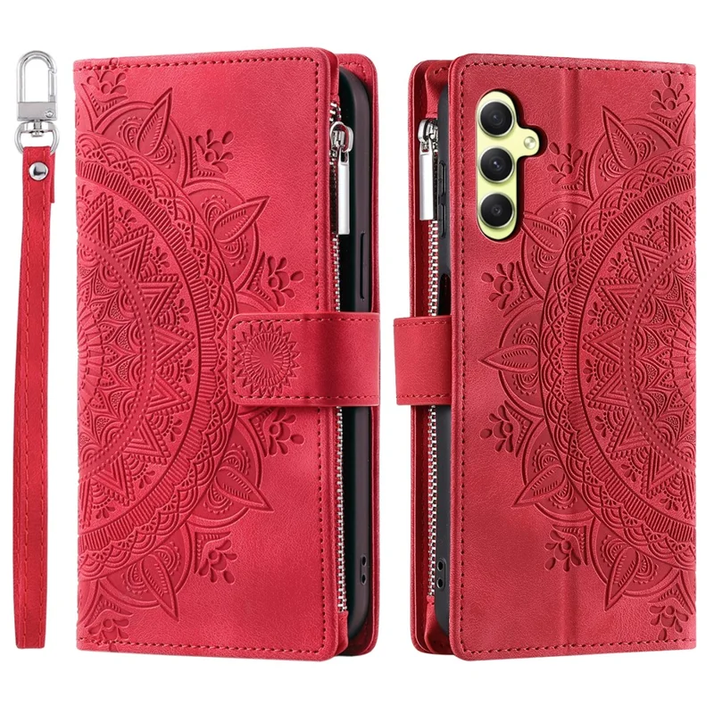 Para o Samsung Galaxy A55 5G Capa de Telefone Padrão Mandala Capa de Couro com Alça - Vermelho