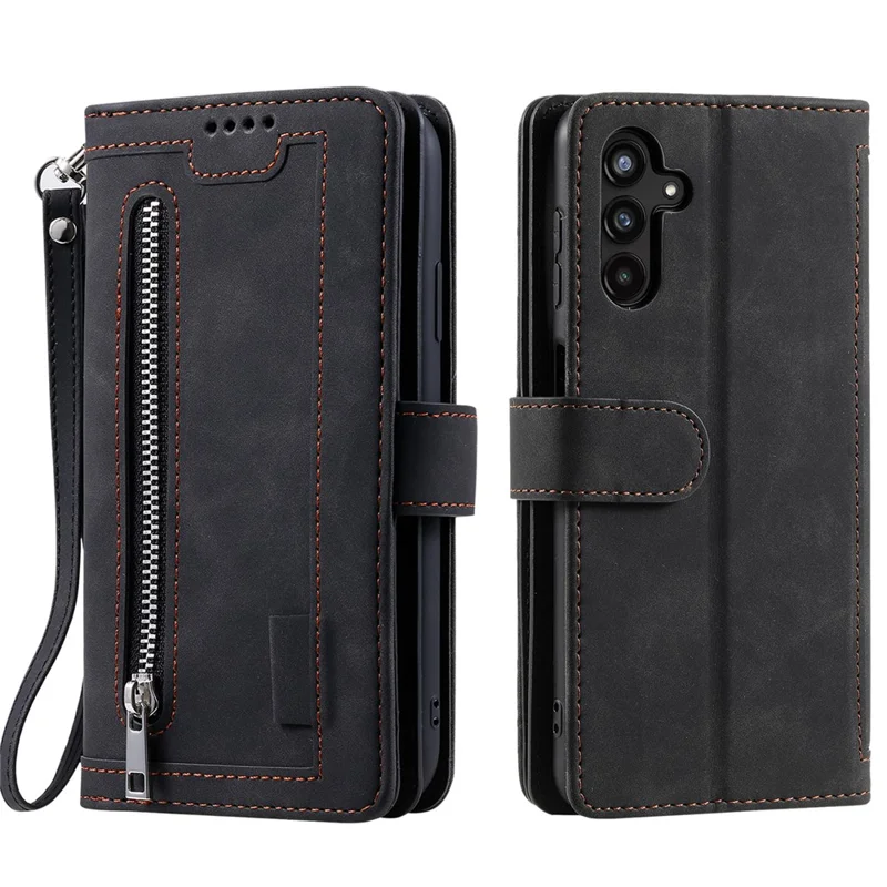 For Samsung Galaxy A35 5G PU Leather Case Wristlet Zipper 9 Card Holder Phone Cover - Black